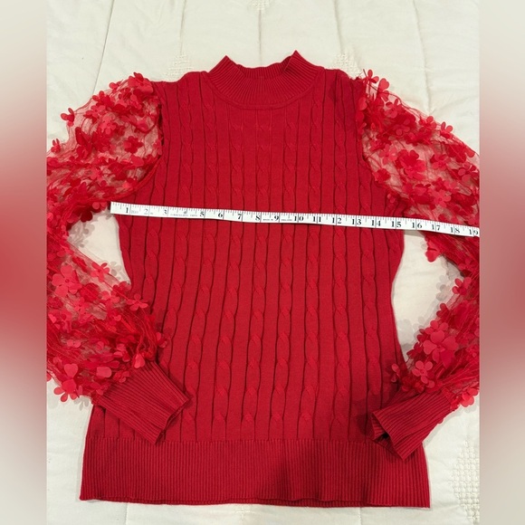 Red lightweight sweater with GORGEOUS sheer floral sleeves. Cato, medium​ - Picture 4 of 10